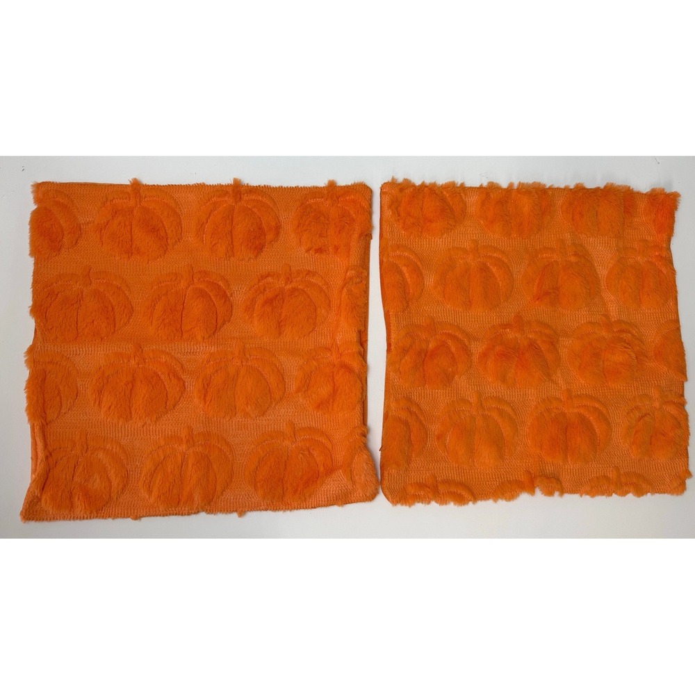 Lot of 2 Orange Fuzzy Pumpkin  Pillow Cover 18x18 Autumn Fall Halloween Decor